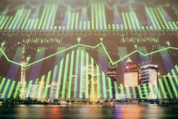 Data Thema Hologram Tekening Uitzicht Stad Met Wolkenkrabbers Achtergrond Dubbele — Stockfoto