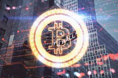 Kripto para birimi temalı hologram çizimi ve şehrin veiw arka planına çift pozlama. Engelleme zinciri ve bitcoin kavramı.