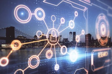 Sosyal ağ tema çizimi ve şehir manzarası arka planının çoklu pozlandırılması. Bağlantı insanları kavramı.