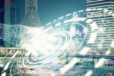 Veri temalı hologram gökdelenler arka planda çoklu pozlama ile şehir görünümüne çizim yapıyor. Ai kavramı.