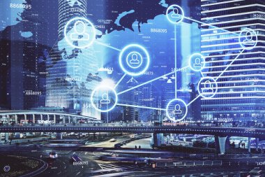 Sosyal ağ tema çizimi ve şehir manzarası arka planının çoklu pozlandırılması. Bağlantı insanları kavramı.