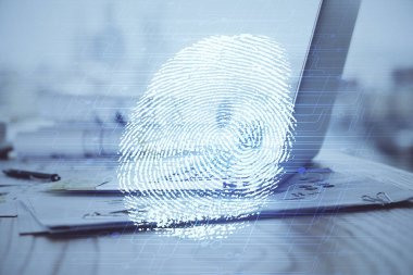 Ofisteki bilgisayarın parmak izi çizimi. Çifte maruziyet. İş veri güvenliği kavramı.