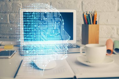 Bilgisayar ve insan beyninin hologram çizdiği çalışma alanının iki katına çıkarılması. Beyin fırtınası konsepti.