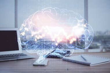 Bilgisayar ve insan beyin hologramıyla çalışma alanının çoklu açığı. Beyin fırtınası konsepti.