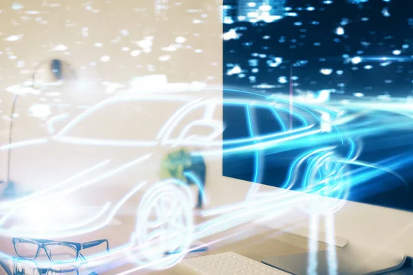 Desktop Computer Background Office Automobile Hologram Drawing Multi Exposure Tech — Stock Photo, Image