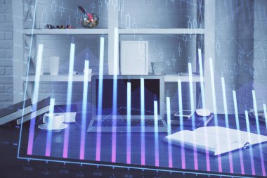 Eski pazar grafiği hologramı ve kişisel bilgisayar geçmişi. Çifte maruziyet. Yatırım kavramı.