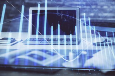 Eski pazar grafiği hologramı ve kişisel bilgisayar geçmişi. Çifte maruziyet. Yatırım kavramı.