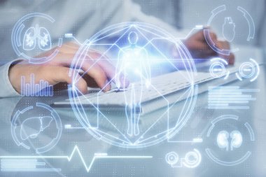 Bilim hologramı, arka planda bilgisayarla çalışan bir adam. Öğrenim anlayışı. Çift pozlama.