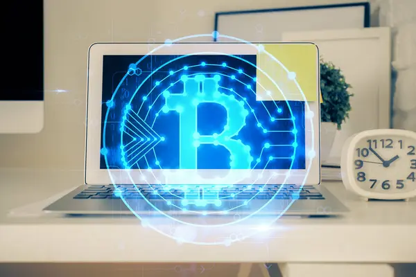 Multi Exposure Blockchain Theme Hologram Table Computer Background Concept Bitcoin — Stock Photo, Image