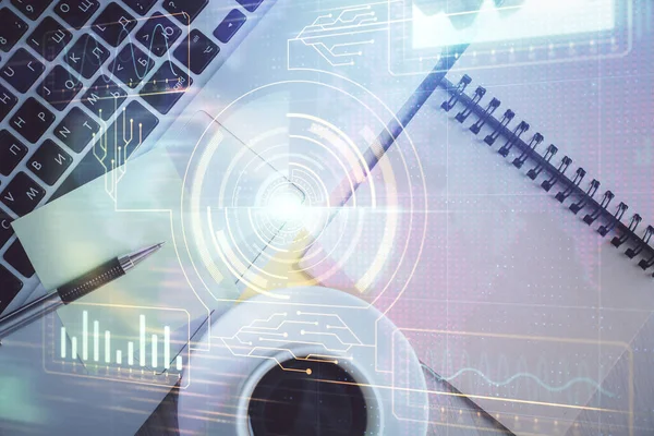 Doble exposición del holograma de dibujo de tema de datos sobre fondo de tabla de trabajo de vista superior con computadora. Concepto de tecnología. —  Fotos de Stock