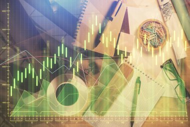 Ön x grafik çizimi ve çalışma masası üst veiw çift pozlama. Mali analiz kavramı.