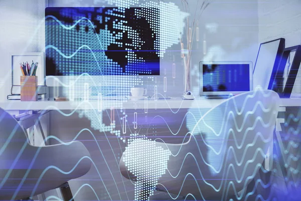 Dvojitá expozice grafu akciového trhu a pozadí interiéru kanceláře. Koncepce finanční analýzy. — Stock fotografie