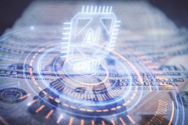 İki kez veri temasına maruz kalınca dolar banknotları arka planda kalıyor. Teknoloji konsepti.