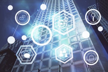 Sosyal ağ tema çizimi ve şehir manzarası arka planına çift pozlama. Bağlantı insanları kavramı.