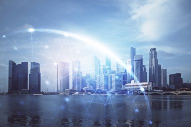 Sosyal ağ tema çizimi ve şehir manzarası arka planının çoklu pozlandırılması. Bağlantı insanları kavramı.