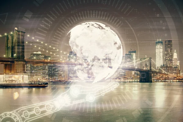Şehir görünümünde harita ve veri temalı hologram ile gökdelenler arka planda çift pozlama. İş kavramında uluslararası teknoloji. — Stok fotoğraf