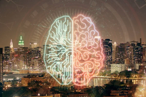 Голограма мозку на фоні міського пейзажу Подвійна експозиція. Концепція мозкового штурму . — стокове фото