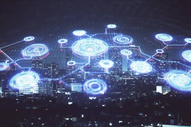 Sosyal ağ tema çizimi ve şehir manzarası arka planının çoklu pozlandırılması. Bağlantı insanları kavramı.