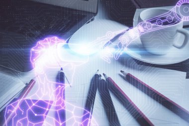 AR tema simgesi olan bilgisayar masaüstünde. Çoklu maruz kalma. Artırılmış gerçeklik kavramı.