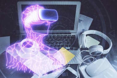 AR tema simgesi olan bilgisayar masaüstünde. Çoklu maruz kalma. Artırılmış gerçeklik kavramı.