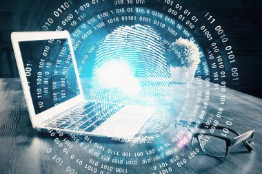 Ofisteki bilgisayarın parmak izi çizimi. Çifte maruziyet. İş veri güvenliği kavramı.