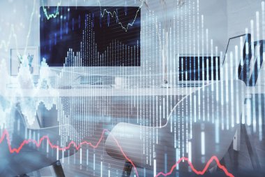 Borsa grafik çizimi ve ofis içi arka planının iki katına çıkarılması. Mali analiz kavramı.