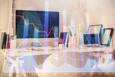 Finansal grafik çizimine ve ofis içi arka planına çifte maruz kalma. Borsa konsepti.