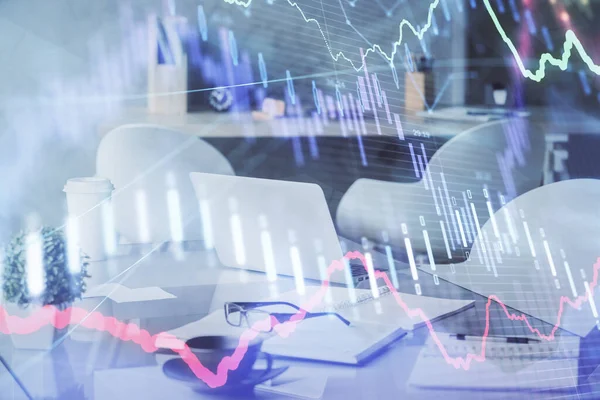 Dubbele blootstelling van de aandelenmarkt grafiek tekening en kantoor interieur achtergrond. Begrip financiële analyse. — Stockfoto