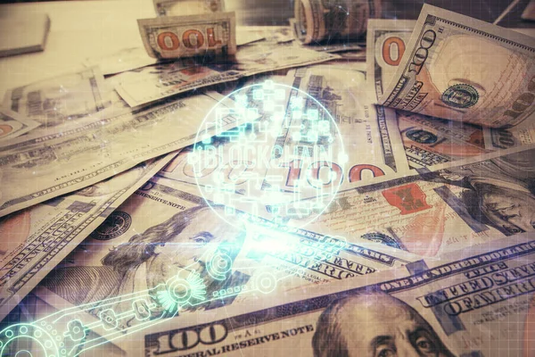 Multi exposure of crypto theme drawing over us dollars bill background. Concept of blockchain success. — Stock Photo, Image