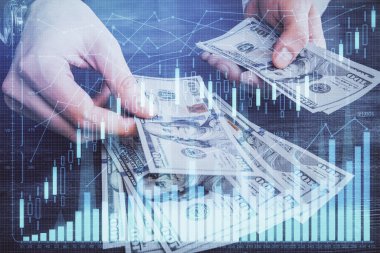 Finansal grafiğe çoklu pozlama hologram, Amerikan dolarları ve insan eli. Analiz kavramı.