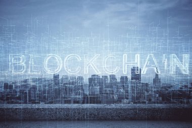 Kripto para birimi temalı hologram çizimi ve şehrin veiw arka planına çift pozlama. Engelleme zinciri ve bitcoin kavramı.