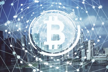 Kripto para birimi temalı hologram çizimi ve şehrin veiw arka planına çift pozlama. Engelleme zinciri ve bitcoin kavramı.
