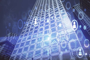 Sosyal ağ tema çizimi ve şehir manzarası arka planına çift pozlama. Bağlantı insanları kavramı.