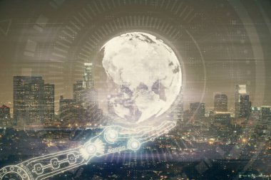 Şehir görünümünde harita ve veri temalı hologram ile gökdelenler arka planda çift pozlama. İş kavramında uluslararası teknoloji.