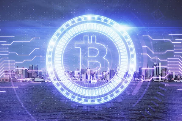 Doppelbelichtung der Kryptowährung Thema Hologrammzeichnung und Stadt veiw Hintergrund. Konzept von Blockchain und Bitcoin. — Stockfoto