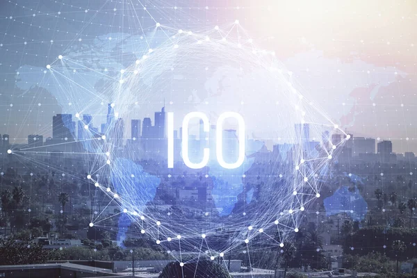 Dupla expozíció crypto valuta téma hologram rajz és városi veiw háttér. A blockchain és a bitcoin fogalma. — Stock Fotó