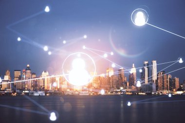 Sosyal ağ tema çizimi ve şehir manzarası arka planının çoklu pozlandırılması. Bağlantı insanları kavramı.