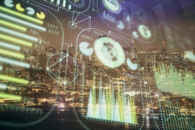 Veri temalı hologram gökdelenler arka planda çoklu pozlama ile şehir görünümüne çizim yapıyor. Ai kavramı.