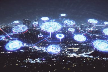 Sosyal ağ tema çizimi ve şehir manzarası arka planının çoklu pozlandırılması. Bağlantı insanları kavramı.