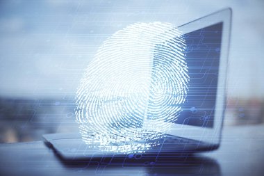 Ofisteki bilgisayarın parmak izi çizimi. Çifte maruziyet. İş veri güvenliği kavramı.