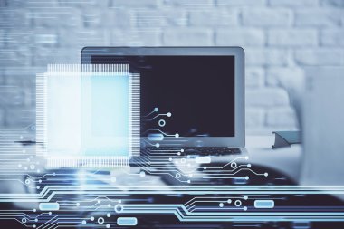 Masaüstü bilgisayar ve teknoloji temalı holograma çoklu maruz kalma. Yazılım geliştirme kavramı.