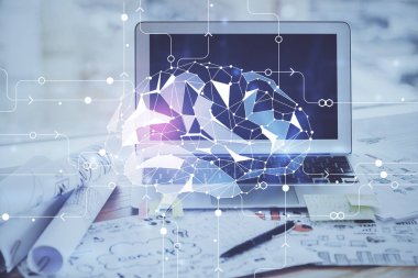 Bilgisayar ve insan beyin hologramıyla çalışma alanının çoklu açığı. Beyin fırtınası konsepti.