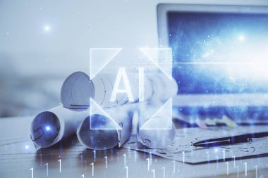 Teknoloji temalı çizim ve bilgisayarlı masa. Çifte maruziyet. Bilgi kavramı.