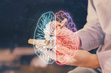 Erkek eli arka planına sahip beyin çoklu pozlama simgesi.