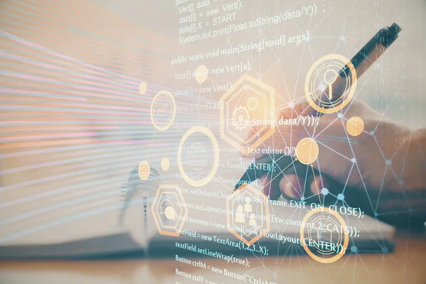 Doble exposición de la escritura manos en el fondo con holograma de solución de datos en el frente. Concepto tecnológico. De cerca. — Foto de Stock