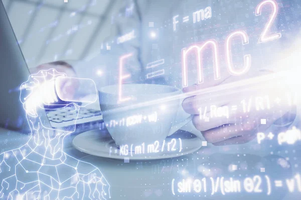 Science formula hologram with man working on computer on background. Education concept. Double exposure.