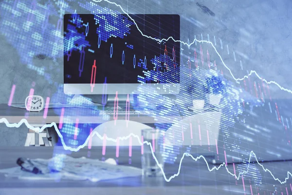 Multi exposure of financial graph drawing and office interior background. Concept of market analysis.