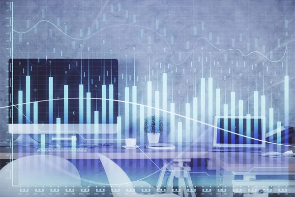 Multi exposure of financial graph drawing and office interior background. Concept of market analysis. — Stock Photo, Image