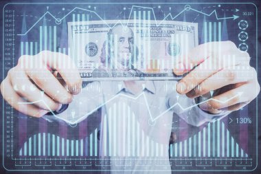 Finansal grafiğe çoklu pozlama hologram, Amerikan dolarları ve insan eli. Analiz kavramı.