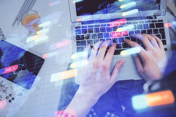 Multi exposure of mans hands typing over computer keyboard and data theme hologram drawing. Top view. Technology concept. — Stock Photo, Image